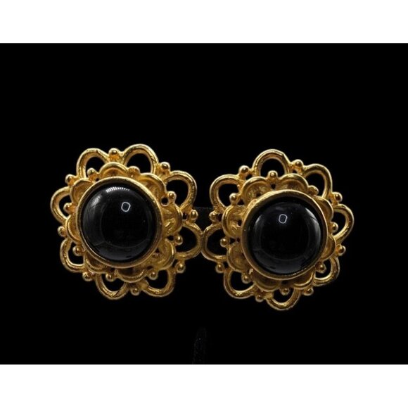 Runway Style Clip-On Earrings Gold Black Stone Center - Picture 6 of 14